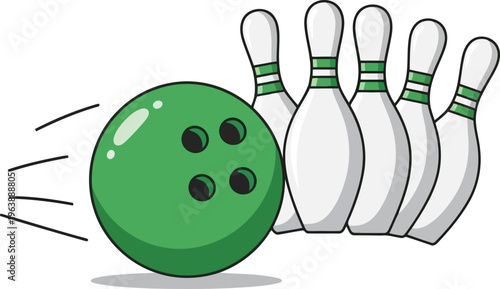 Green bowling ball rolling towards white pins in a pixel art illustration style