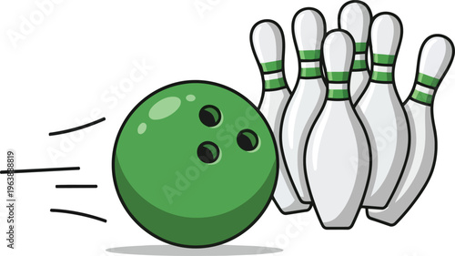 Green bowling ball rolling at high speed towards a set of white pins for a strike