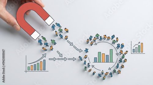 Magnet attracting small customer figures across marketing charts, illustrating customer acquisition and retention