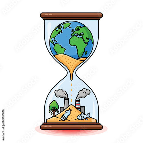 Earth Day illustration of an hourglass depicting environmental issues and the planet's future