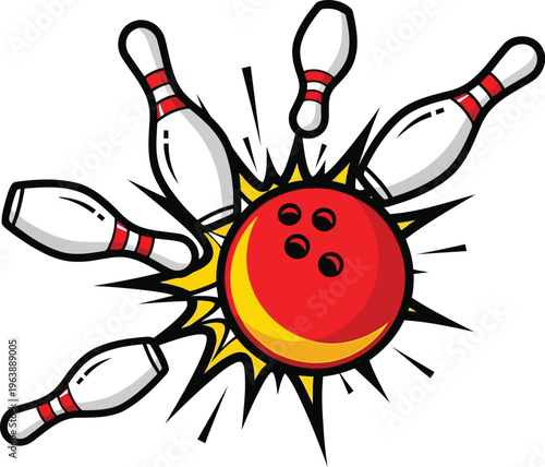 Cartoon illustration of a red bowling ball hitting and scattering white bowling pins