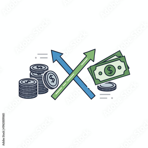 Stacks of coins, cash, and opposing arrows symbolize financial growth and division