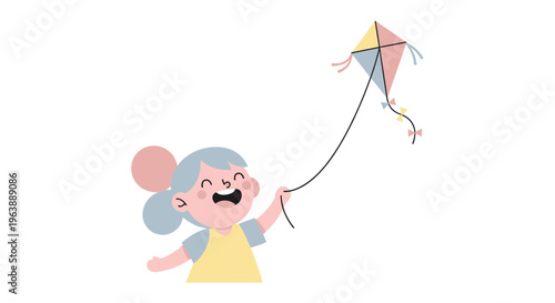 A joyful illustration of a young girl happily flying a colorful kite in a lighthearted outdoor scene