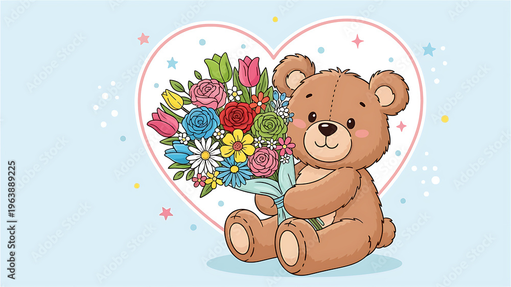 Fototapeta premium Cute brown teddy bear holding colorful bouquet of flowers heart