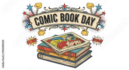 Stack of Comic Books with Banner.