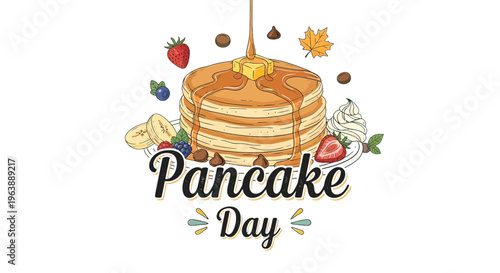 Stack of Pancakes with Syrup and Fruits.