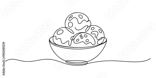 Ice cream in glass. One line continuous ice cream or gelato. Line art, outline, single line silhouette. Hand drawn vector illustration.