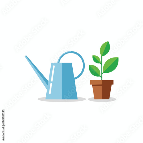 A blue watering can stands next to a potted plant with green leaves