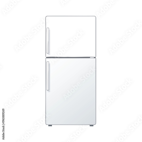 Sleek, white top-freezer refrigerator with gray handles and subtle shading