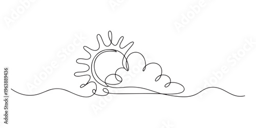 Continuous one line drawing of a cloud and sun isolated, Cloud single line art, continuous one line drawing of Isolated outline vector icon. Editable stroke