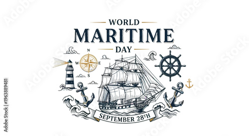 Vintage Maritime Day Illustration with Ship and Symbols.