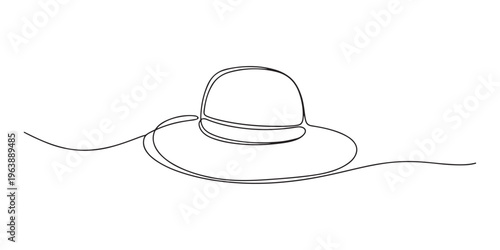 Continuous one line drawing of Straw hat, sun hat. summer, beach, travel, farmer concept. Editable stroke vector, Women summer hat in continuous line art drawing style. Female sun protected hat pro.
