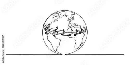 World Music Day in  June 21  simple vector  with treble clef sign and musical notes. One continuous line drawing with text Music Day. vector illustration on white background.
