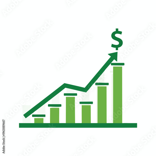 Green bar graph showing a rising trend with an upward arrow and dollar sign