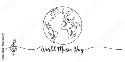 World Music Day in  June 21  simple vector  with treble clef sign and musical notes. One continuous line drawing with text Music Day. vector illustration on white background.