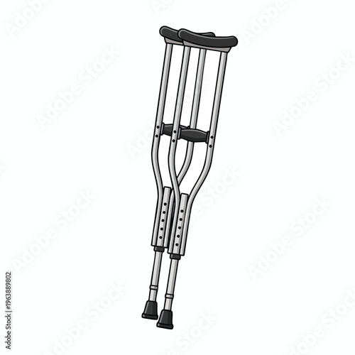 A pair of adjustable metal crutches with black handles and rubber tips