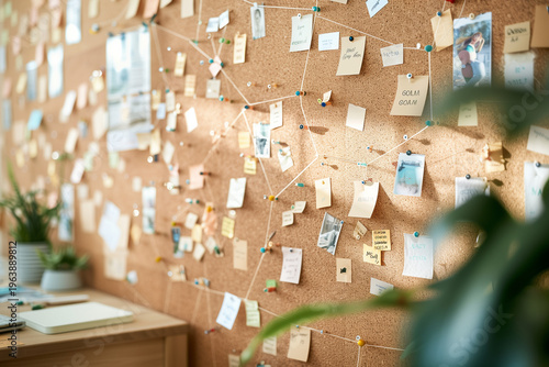 Corkboard with notes and photos in a creative workspace  
