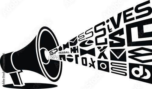 megaphone, letters, words, black, white, typography, communication, speech, announcement, loudspeaker, text, symbols, abstract, emitting, various, Black megaphone emitting various letters and words