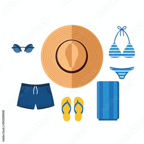 Flat lay of beach attire straw hat, blue bikini, shorts, sunglasses, towel, flip-flops