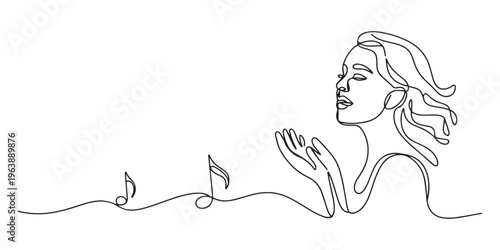 A girl singing lovely song. Enjoy and relax with her song. Se is very love music. She want to be a singer. One line continuous. Vector illustration.