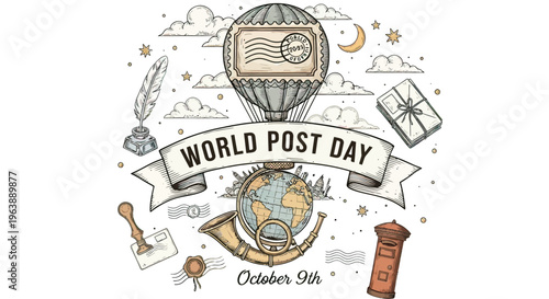 World Post Day Illustration with Mail Items.