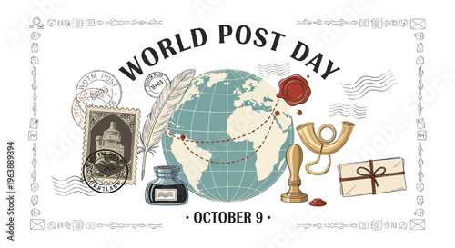 World Post Day Illustration with Globe and Mail.