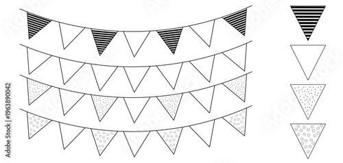 Black and White Festive Triangular Bunting Flags Hanging in a Celebratory Curve Featuring Striped Dotted and Plain Pattern Designs Vector Illustration
