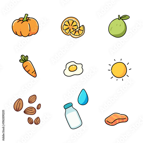 Healthy food collection with pumpkin orange carrot egg sun almond milk and salmon vector icons for nutrition and wellness infographic design