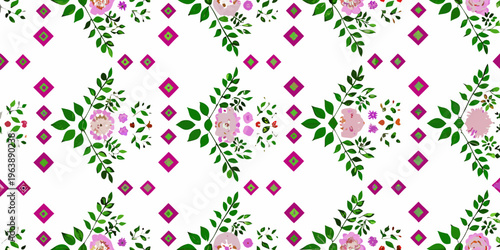 Floral pattern with pink blossoms green leaves and diamond shapes