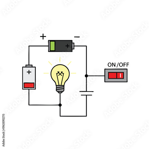 A schematic diagram shows a simple electrical circuit with a light bulb, batteries, a capacitor, and a switch