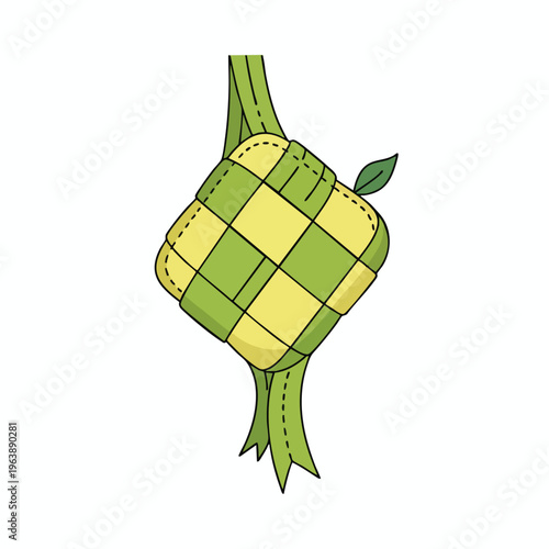 Simple illustration of a woven rice dumpling tied with a green leaf
