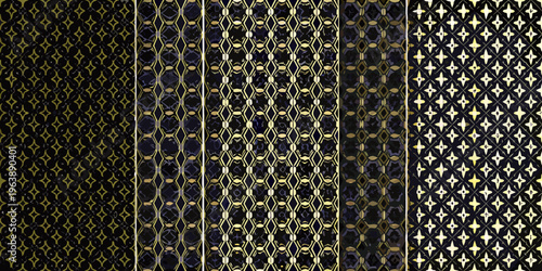 Repeating geometric patterns in dark blue and gold tones displayed vertically