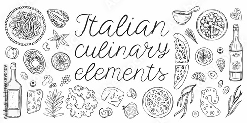 Italian culinary elements hand drawn sketches of food and ingredients