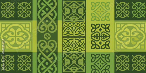 Repeating pattern of celtic knots and floral designs in shades of green