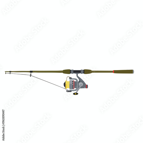 A green fishing rod and reel with a yellow spool, on a white background