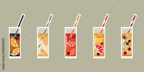 Colorful array of illustrated summer cocktails in tall glasses