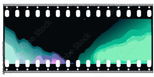 Film strip frame displaying abstract watercolor washes of turquoise and green