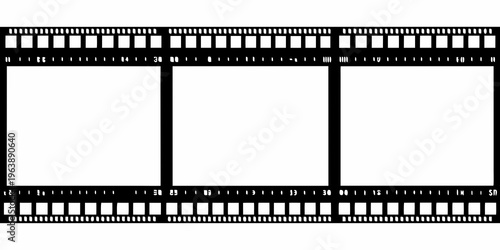 A black and white film strip negative with multiple frame divisions