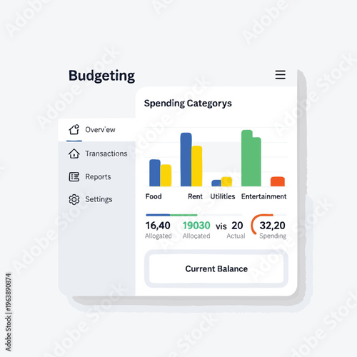 Digital budgeting interface showing spending categories with a bar chart and financial summary
