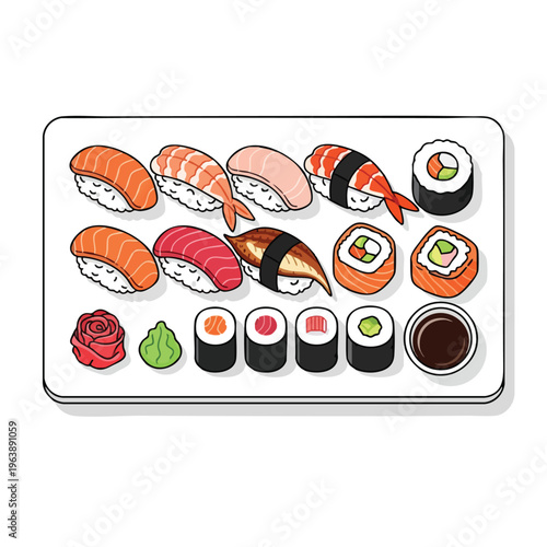 Assortment of sushi and rolls on a white platter with dipping sauce