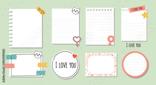 Collection of cute decorative paper notes and frames with stickers of cats and hearts for journaling or scrapbooking.