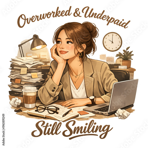 overworked underpaid still smiling design, overworked underpaid still smiling, funny work quote, employee burnout humor, corporate life satire, smiling through stress, workplace struggle humor, funny 