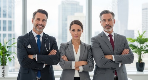 Three professional individuals stand together in a modern office setting. A doctor, a businesswoman, and an older gentleman are pictured.