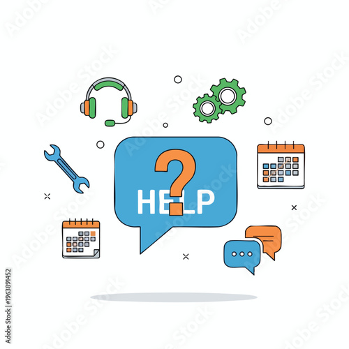 A playful, cartoon-style graphic with icons representing help and support