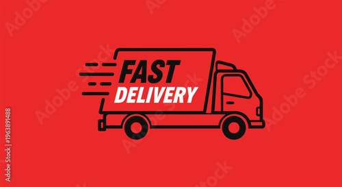 Fast delivery truck icon illustrated in black outline on a vibrant red background to represent quick transportation.