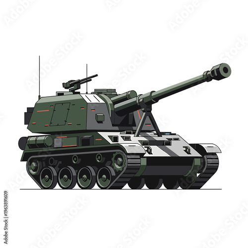 Military Tank with Large Gun Turret.