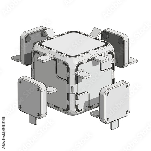 Detailed 3D robotic mechanical cube structure.