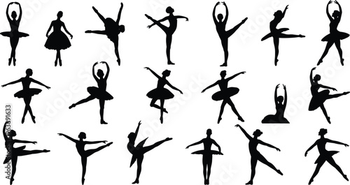 Silhouette ballet dancers, classical dance illustration, black and white vector art, graceful movement design, performance pose, artistic elegance, expressive motion graphic