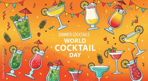 Vibrant summer cocktails for world cocktail day celebration with colorful drinks and party decorations on orange background
