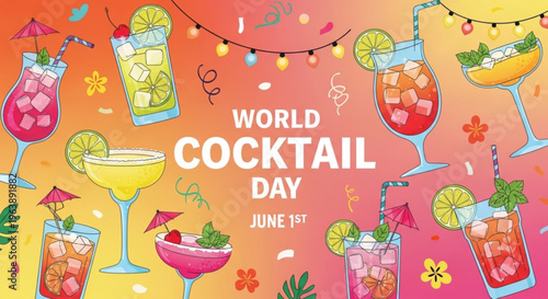Colorful cocktails with umbrellas and straws celebrate world cocktail day on june 1st with vibrant drinks and decorations